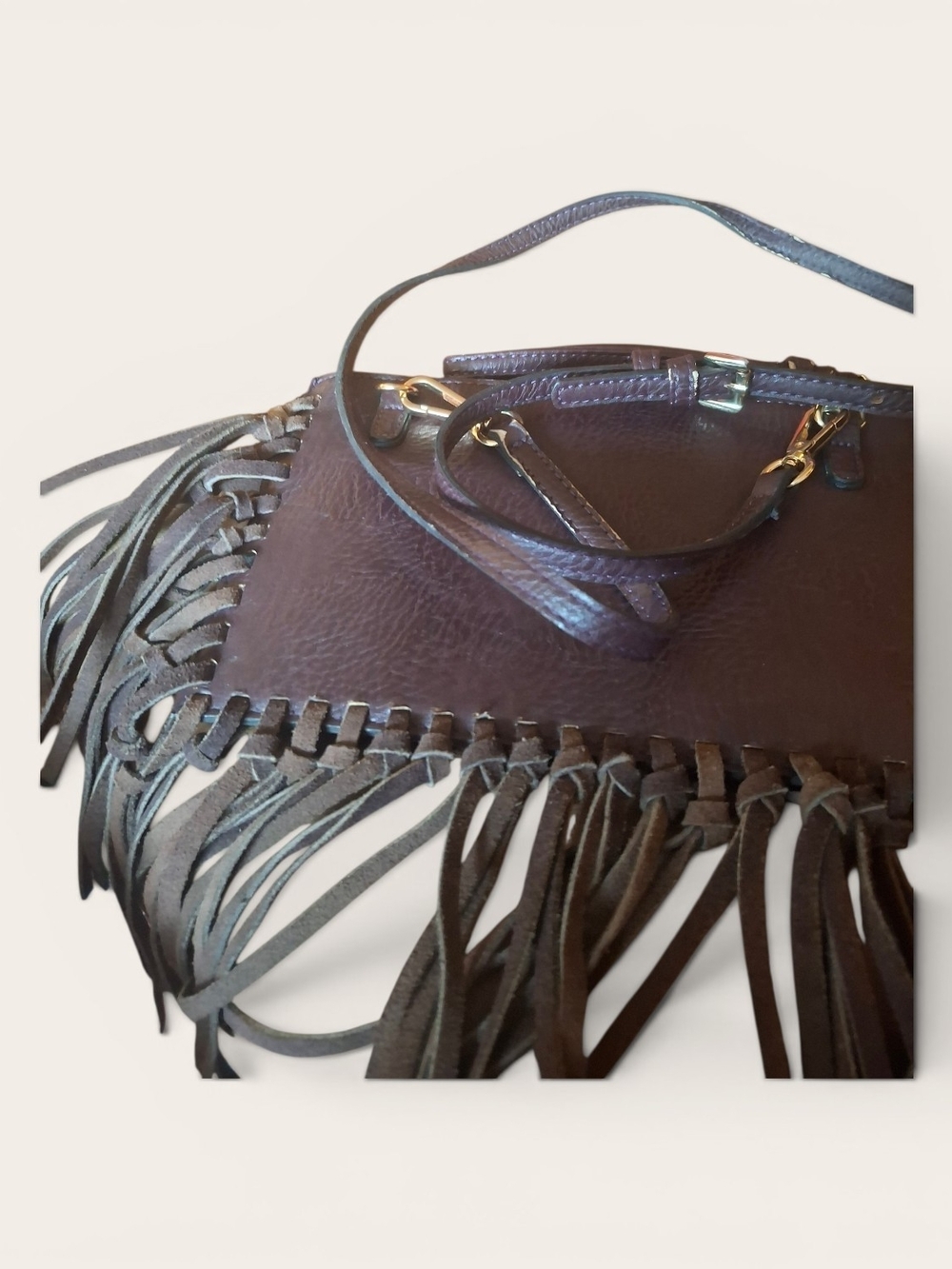 Free People Dark Brown Leather Fringe Crossbody Bag